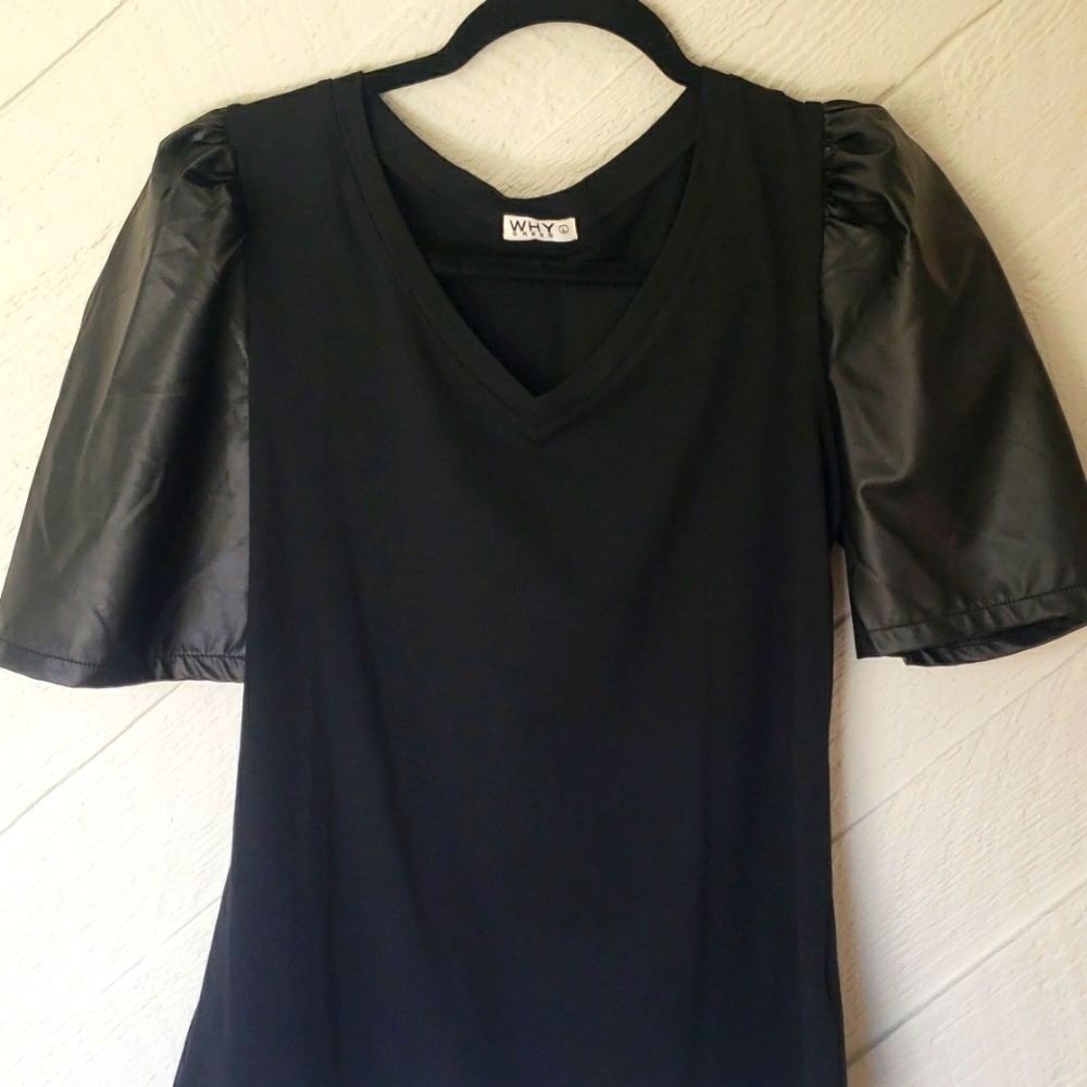 Whydress Vegan leather puff sleeve V neck tee shirt